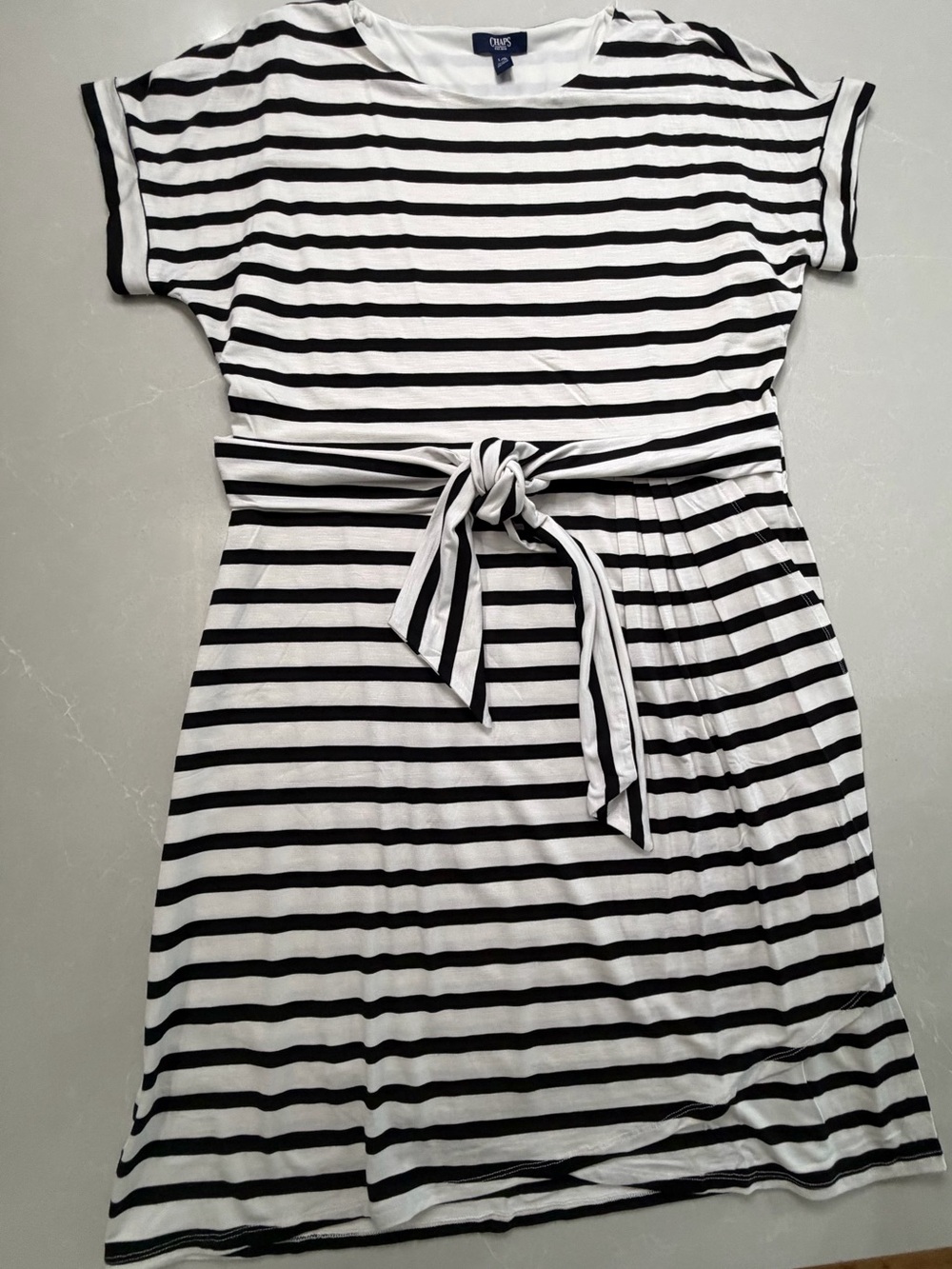 Chaps Black and White Striped Lined Crewneck Knit Dress Flattering Tie Waist, L